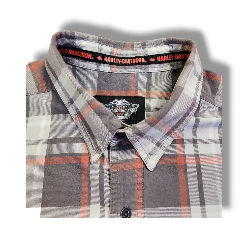 Harley Davidson Motorclothes Grey/Orange Plaid Button Down Long Sleeve Men's 2XL
